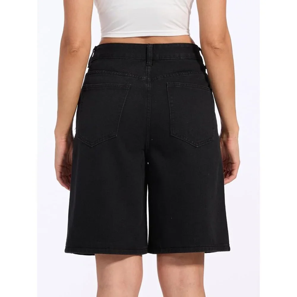 Women Baggy Jean Shorts Denim Bermuda Mid-Low Rise Casual Wide Leg